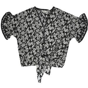 Max Studio Floral Bell Sleeve Waist Tie Black & White Top Medium